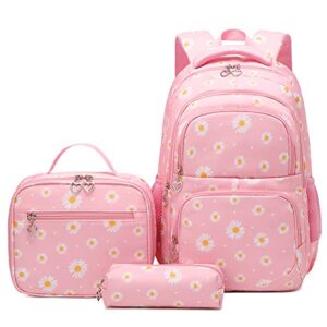 goldwheat daisy printed backpacks with lunch pack pencil case 3pcs, water resistant lightweight bookbag for middle school (pink)