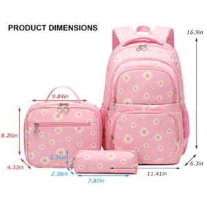 goldwheat Daisy Printed Backpacks With Lunch Pack Pencil Case 3pcs, Water Resistant Lightweight Bookbag For Middle School (Pink)