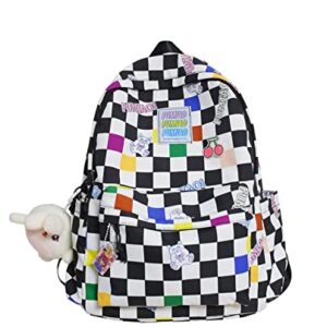 Nouflux Kawaii Backpack for Girls School Cute Backpack with Doll Checkerboard Backpack Teen Girls(Black)