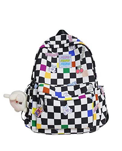 Nouflux Kawaii Backpack for Girls School Cute Backpack with Doll Checkerboard Backpack Teen Girls(Black)