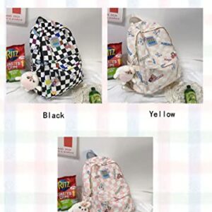 Nouflux Kawaii Backpack for Girls School Cute Backpack with Doll Checkerboard Backpack Teen Girls(Black)