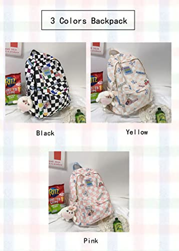 Nouflux Kawaii Backpack for Girls School Cute Backpack with Doll Checkerboard Backpack Teen Girls(Black)