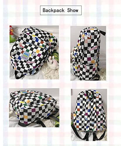 Nouflux Kawaii Backpack for Girls School Cute Backpack with Doll Checkerboard Backpack Teen Girls(Black)