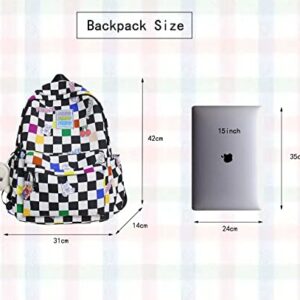 Nouflux Kawaii Backpack for Girls School Cute Backpack with Doll Checkerboard Backpack Teen Girls(Black)