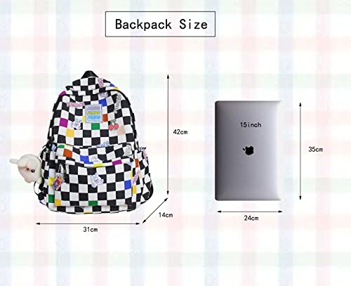 Nouflux Kawaii Backpack for Girls School Cute Backpack with Doll Checkerboard Backpack Teen Girls(Black)