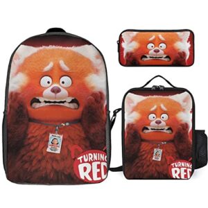 zqiyhre turn red backpack 3 pcs set, printing anime travel laptop backpack pencil case lunch bag for students