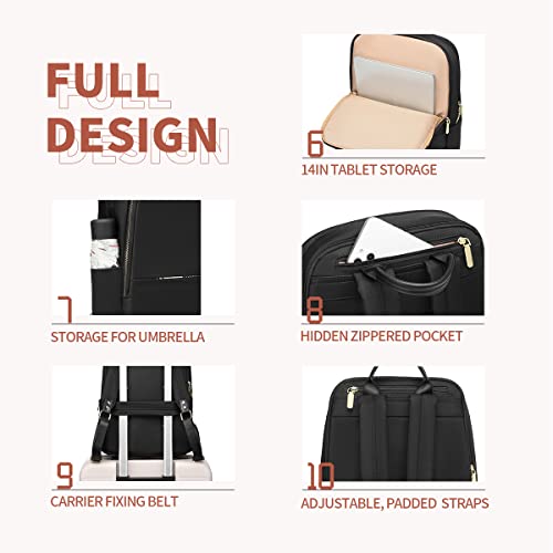FULL DESIGN Travel Laptop Backpack for Women, 14 inch Water Resistant Computer Backpack, Fashion Daypack Shoulder Bag for Work School (Black)