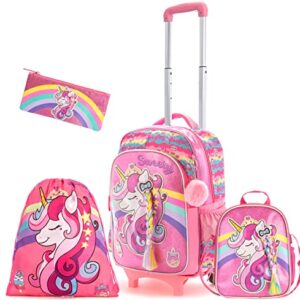 Meetbelify Girls Unicorn Rolling Backpack Wheels Backpacks Kids Luggage for Elementary Preschool Students Cute Suitcase Trolley Trip Wheeled Backpack with Lunch Box for Girls