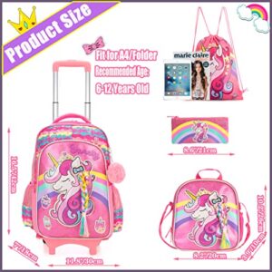 Meetbelify Girls Unicorn Rolling Backpack Wheels Backpacks Kids Luggage for Elementary Preschool Students Cute Suitcase Trolley Trip Wheeled Backpack with Lunch Box for Girls