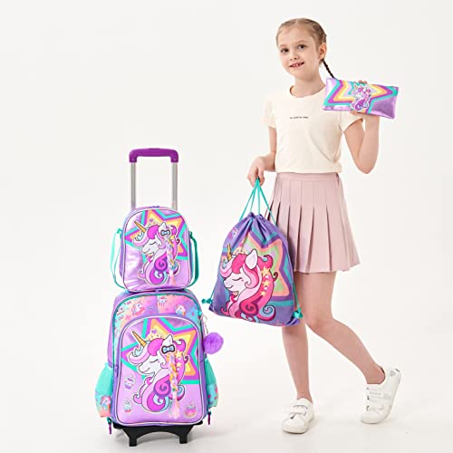 Meetbelify Girls Unicorn Rolling Backpack Wheels Backpacks Kids Luggage for Elementary Preschool Students Cute Suitcase Trolley Trip Wheeled Backpack with Lunch Box for Girls