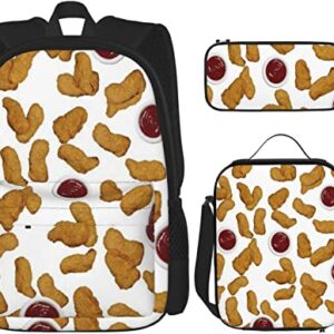 3 Piece Set Backpacks Chicken Nuggets Funny Food Fried Ketchup Pattern Backpack 3 Piece Set for Boys and Girls Cute Axolotl Fish backpack(School Bag + Pencil Case + Lunchbag Set)