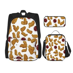 3 Piece Set Backpacks Chicken Nuggets Funny Food Fried Ketchup Pattern Backpack 3 Piece Set for Boys and Girls Cute Axolotl Fish backpack(School Bag + Pencil Case + Lunchbag Set)