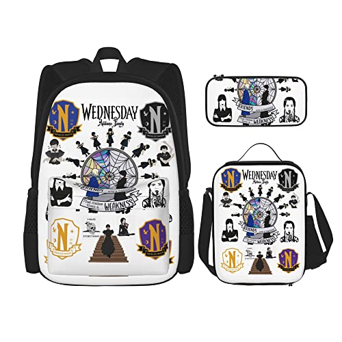 Wednesday Backpacks set 3d Casual Light Weight Backpack Bookbag 3 pice with lunch box lunch bag And pencil case pencil bag For Girls Boys Teens