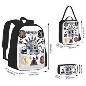 Wednesday Backpacks set 3d Casual Light Weight Backpack Bookbag 3 pice with lunch box lunch bag And pencil case pencil bag For Girls Boys Teens