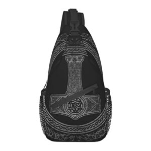 crossbody sling backpack thor’s hammer mjolnir viking runes norse mythology men women hiking chest shoulder bag