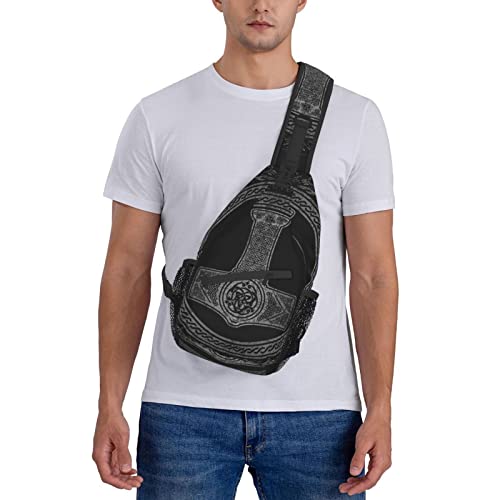 Crossbody Sling Backpack Thor's Hammer Mjolnir Viking Runes Norse Mythology Men Women Hiking Chest Shoulder Bag