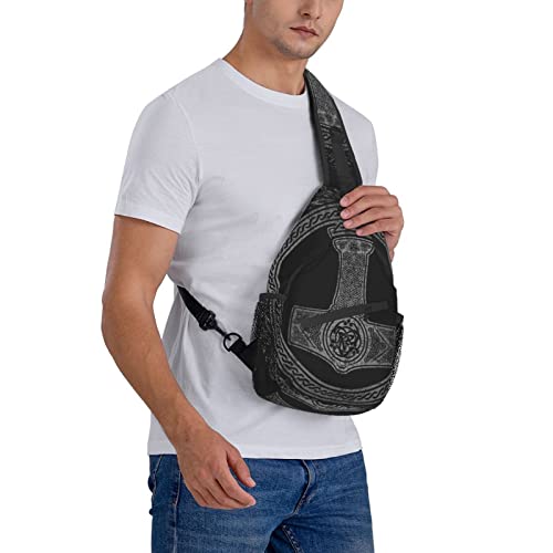 Crossbody Sling Backpack Thor's Hammer Mjolnir Viking Runes Norse Mythology Men Women Hiking Chest Shoulder Bag