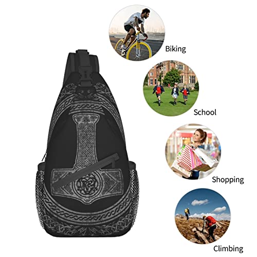 Crossbody Sling Backpack Thor's Hammer Mjolnir Viking Runes Norse Mythology Men Women Hiking Chest Shoulder Bag