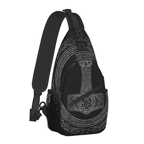 Crossbody Sling Backpack Thor's Hammer Mjolnir Viking Runes Norse Mythology Men Women Hiking Chest Shoulder Bag