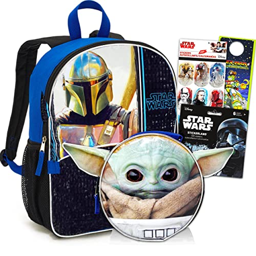 Disney Studio Mandalorian Backpack with Baby Yoda Lunch Box Set - Bundle with 16" Mandalorian Backpack, Baby Yoda Shaped Ears Lunch Bag, Stickers | Mandalorian Backpack for Boys