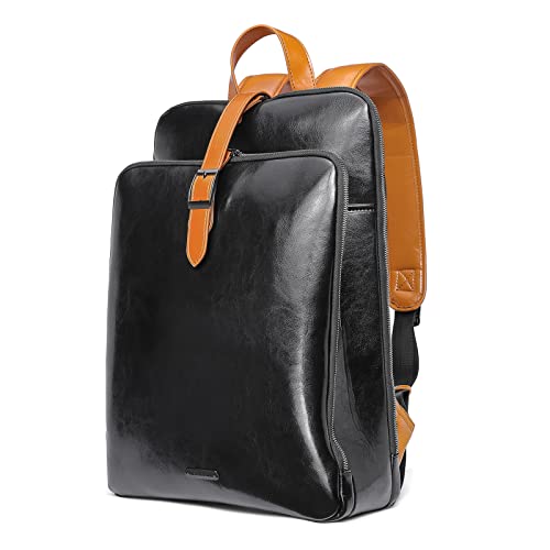 CLUCI Leather Laptop Backpack Purse for Women 15.6 Inch Travel Computer Backpack Work Bag College Daypack Black With Brown