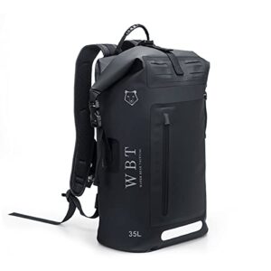 water bear tactical waterproof backpack: black 35l rugged roll-top closure with waterproof zipper front pocket and cushioned padded back.