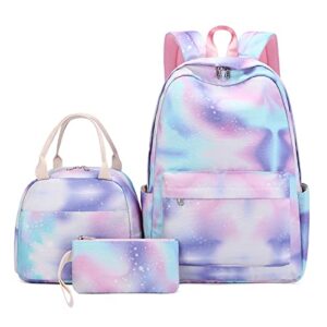 nlzflgu teens girls school backpack set children’s schoolbag triple with lunch bag and pencil pouch travel casual backpack (purple starry sky)