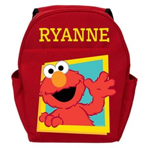 sesame street hello elmo personalized backpack with custom name printed on red book bag | zippered compartments and side water bottle pockets | toddler size school bag
