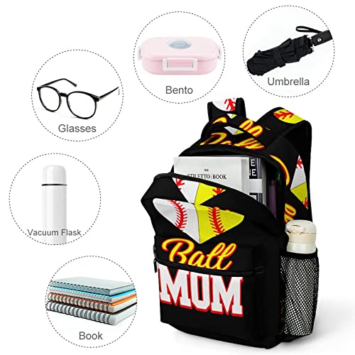 Funny Ball Mom Softball Baseball Laptop Backpack Shoulder Bag Daypack with Adjustable Strap for Casual School Travel