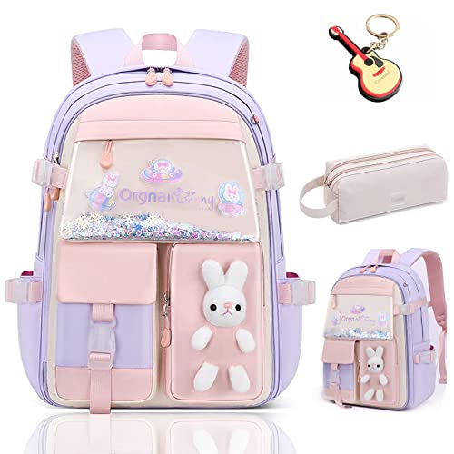 Cute Bunny Backpack Plus, Kawaii Bunny Backpacks Girls,Back To School Large Capacity Waterproof Bookbag for Grades1-6 Bags (Lilac Purple)