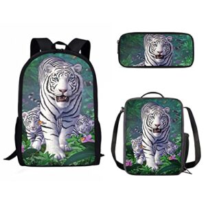poceacles 3d animal tiger print kids backpacks 3pcs set, large capacity school bookbag with lunch bag pencil case, boys girls casual rucksack
