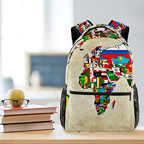 DEYYA Vintage World Map Flag Backpack Lightweight Student School Book Bags Casual Daypack,11.5x8x16 in