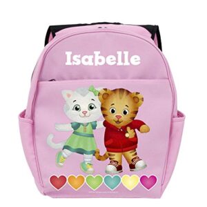 daniel tiger’s neighborhood hearts personalized backpack with custom name printed on pink book bag | zippered compartments and side water bottle pockets | youth size school bag