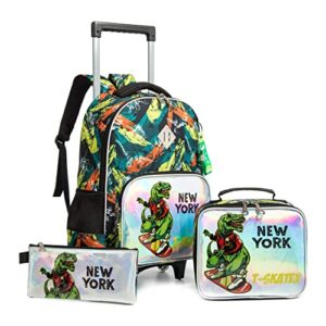 Rolling Backpack for Girls Boys Wheels Backpacks for Kids Luggage Trolley School Backpack with Lunch Box and Pencil Case for Elementary Preschool Students Dinosaur