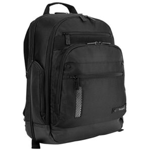 targus revolution travel and checkpoint-friendly laptop backpack with protective sleeve for 14-inch laptop and felted phone pocket, black (teb012us)