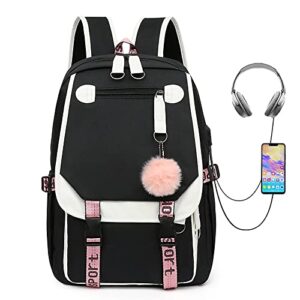 Kawaii Contrast Backpacks for Teen Girls Aesthetic Cute Backpack for Girls College with Usb Port, Cute Backpack with Charging Port (Black 30cm*21cm*44cm)