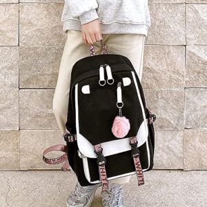 Kawaii Contrast Backpacks for Teen Girls Aesthetic Cute Backpack for Girls College with Usb Port, Cute Backpack with Charging Port (Black 30cm*21cm*44cm)