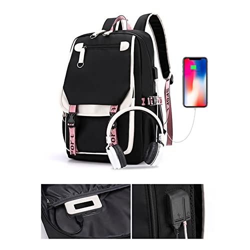 Kawaii Contrast Backpacks for Teen Girls Aesthetic Cute Backpack for Girls College with Usb Port, Cute Backpack with Charging Port (Black 30cm*21cm*44cm)