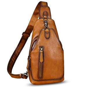 genuine leather sling bag crossbody purse motorcycle bag handmade hiking daypack retro shoulder backpack vintage chest bag (brown)