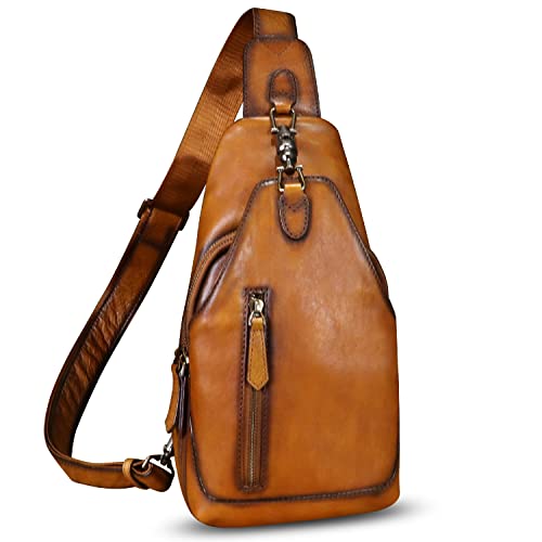 Genuine Leather Sling Bag Crossbody Purse Motorcycle Bag Handmade Hiking Daypack Retro Shoulder Backpack Vintage Chest Bag (Brown)