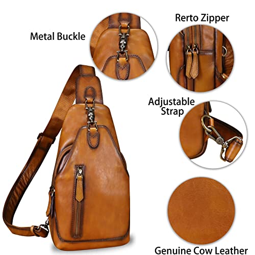 Genuine Leather Sling Bag Crossbody Purse Motorcycle Bag Handmade Hiking Daypack Retro Shoulder Backpack Vintage Chest Bag (Brown)