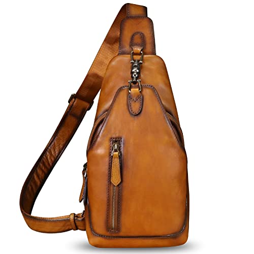 Genuine Leather Sling Bag Crossbody Purse Motorcycle Bag Handmade Hiking Daypack Retro Shoulder Backpack Vintage Chest Bag (Brown)