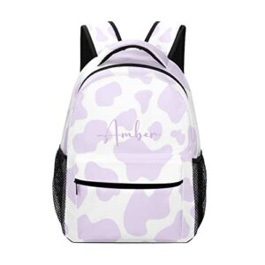 cow pattern purple backpack personalized name waterproof travel bags for men women