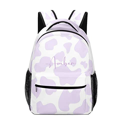 Cow Pattern Purple Backpack Personalized Name Waterproof Travel Bags for Men Women