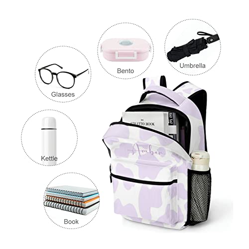 Cow Pattern Purple Backpack Personalized Name Waterproof Travel Bags for Men Women