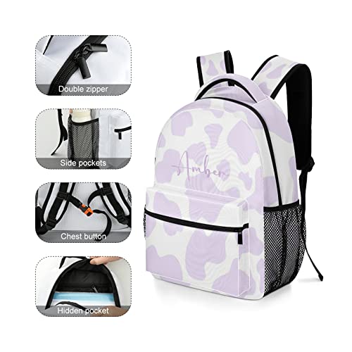 Cow Pattern Purple Backpack Personalized Name Waterproof Travel Bags for Men Women