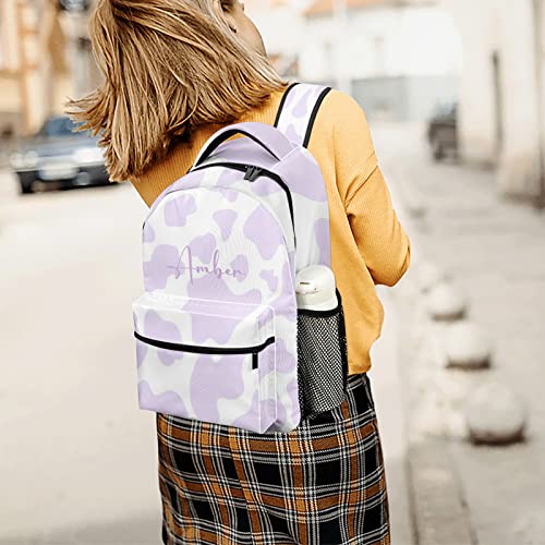 Cow Pattern Purple Backpack Personalized Name Waterproof Travel Bags for Men Women