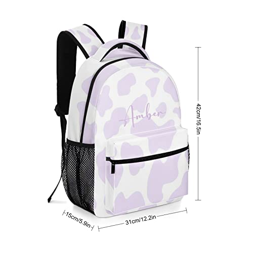 Cow Pattern Purple Backpack Personalized Name Waterproof Travel Bags for Men Women