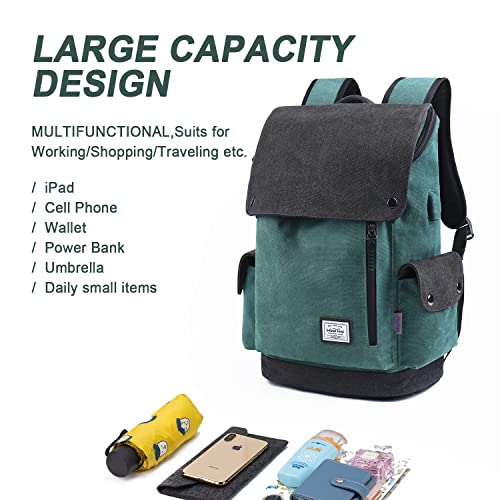 WindTook Travel Laptop Backpack for Women Canvas Daypack College School Bookbag Fit for 15 Inch Notebook, Oil Green