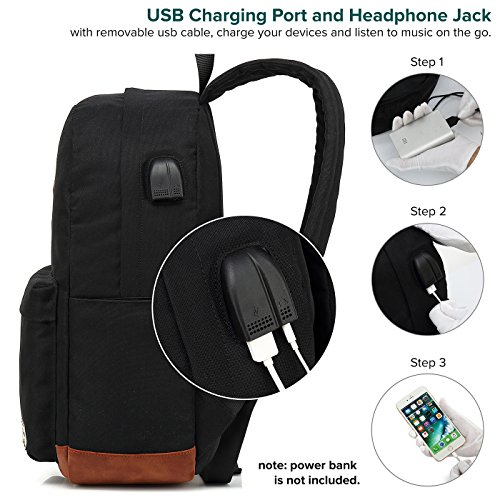 Classic College Backpack, Water-resistent Laptop Backpack with USB Charging Port & Headphone Adapter for Men & Women Slim Anti-Theft Travel Bookbags Fits up to 14'' Computer 15'' Macbook - Black